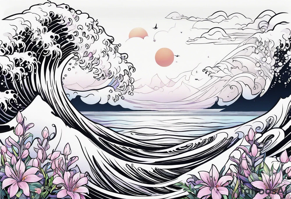 ocean wave surrounded by lupin and fireweed vines tattoo idea