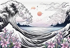 ocean wave surrounded by lupin and fireweed vines tattoo idea