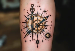 A vintage-style celestial tattoo featuring Sagittarius stars constellation, a compass, and golden sunbursts on a parchment-colored background. tattoo idea