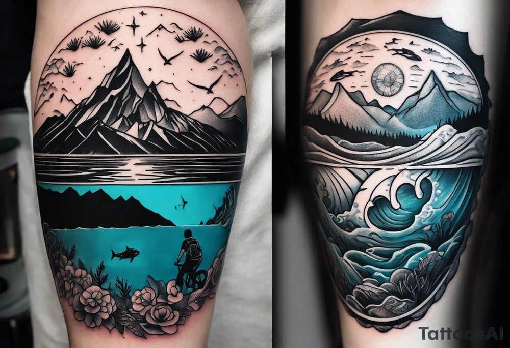 This is a tattoo that is split into 2 sections. The top half is a mountain in Norway with a mountain bike trail winding down the mountain. The bottom half of the tattoo depicts an underwater scene featuring water, and sea life. tattoo idea