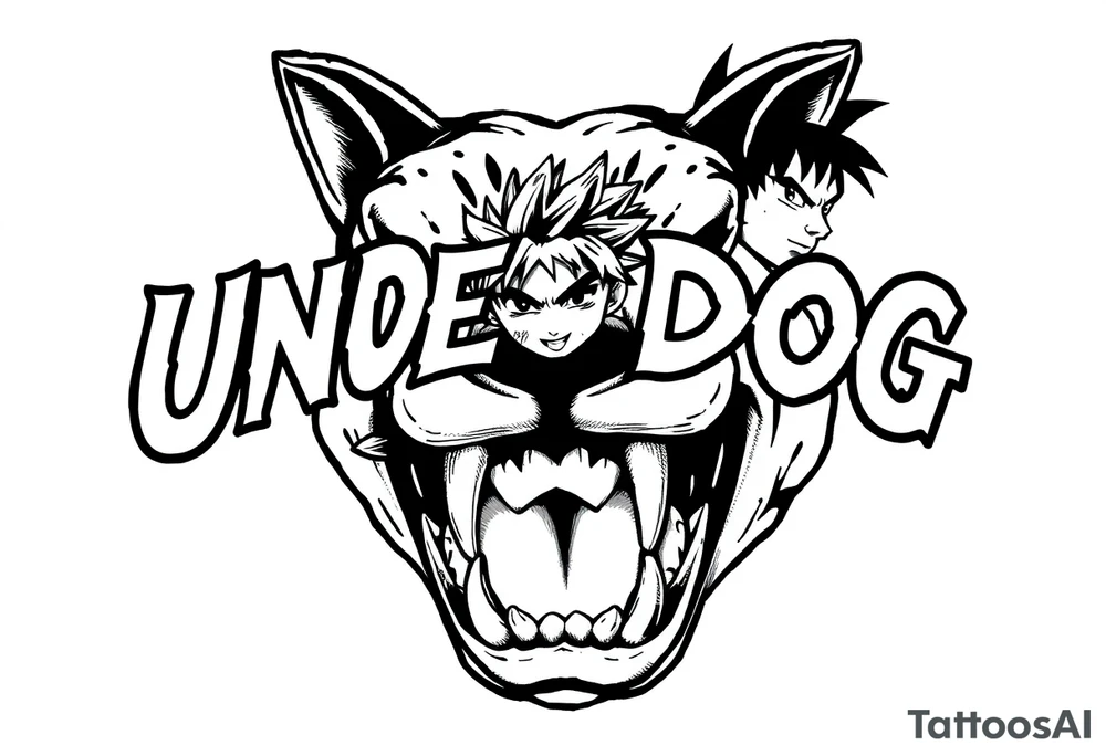 the word underdog with dog teeth connected to the bottom in a with 3 anime characters Ippo and Naruto and son Goku tattoo idea
