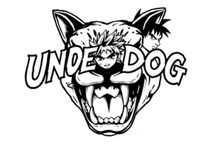 the word underdog with dog teeth connected to the bottom in a with 3 anime characters Ippo and Naruto and son Goku tattoo idea