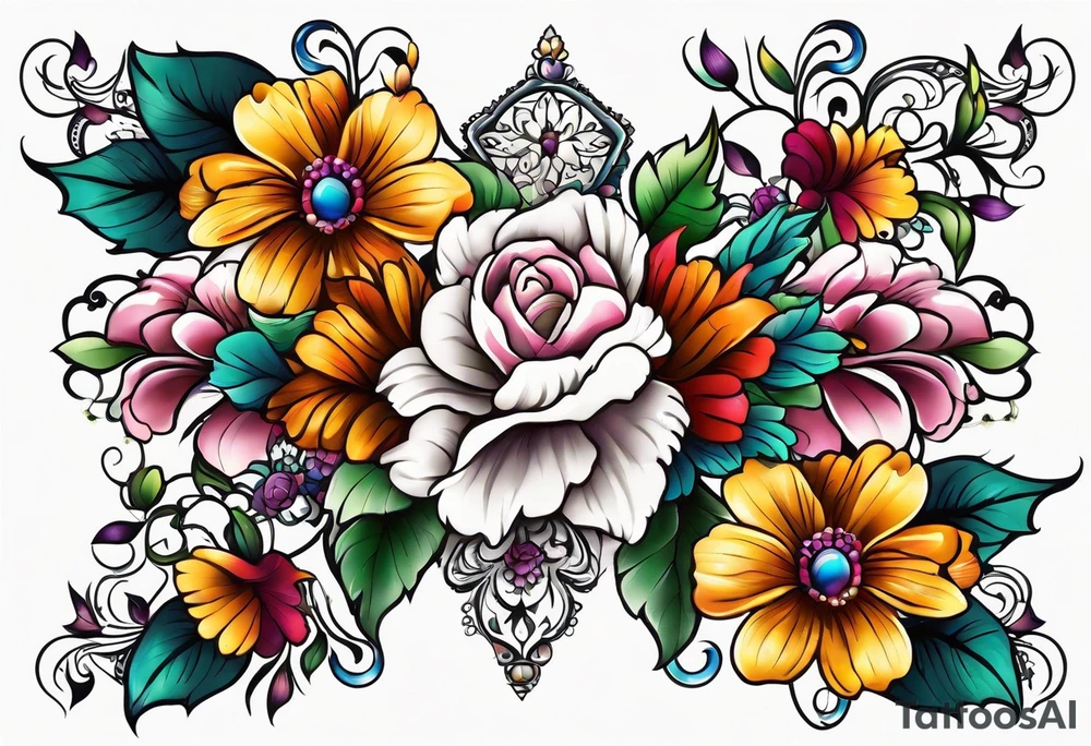 Floral leg piece with beading and lace tattoo idea. colorful, old school flowers, highly detailed, florals. white background. intricate highly detailed, tattoo idea