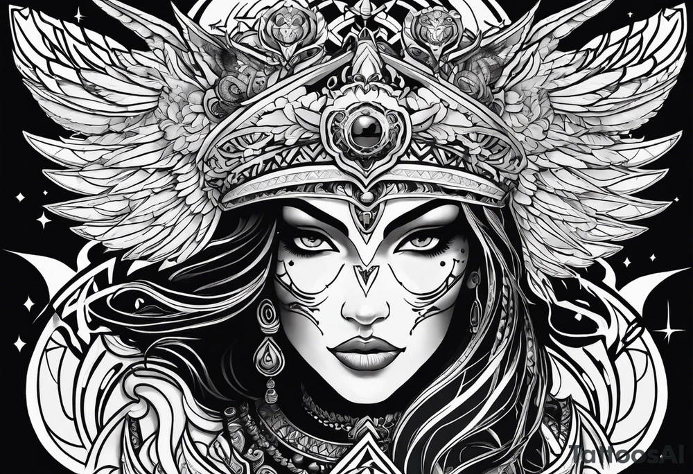 black kali, goddess pirate, alien, angel, pachamama, valkrye, warrior, flying, skull, lotus azul, wing, eagle, zenza resonance, stars, 5D, anahata chakra, death, durga, riding on a tiger, flying lady tattoo idea