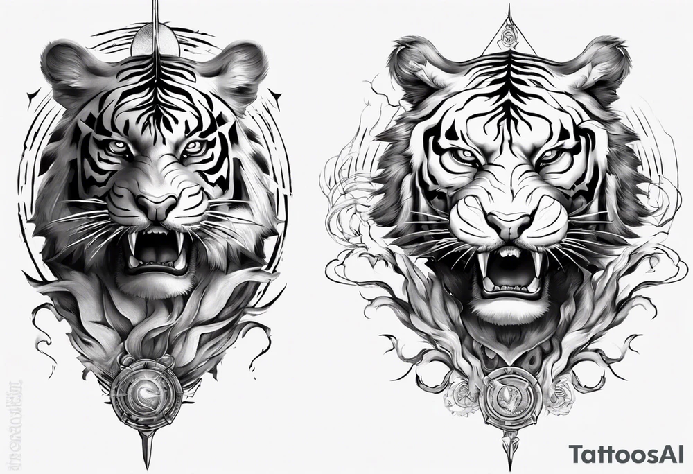 ancient Tiger with lightning and a sun for a forearm sleeve tattoo idea