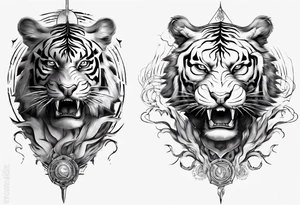 ancient Tiger with lightning and a sun for a forearm sleeve tattoo idea