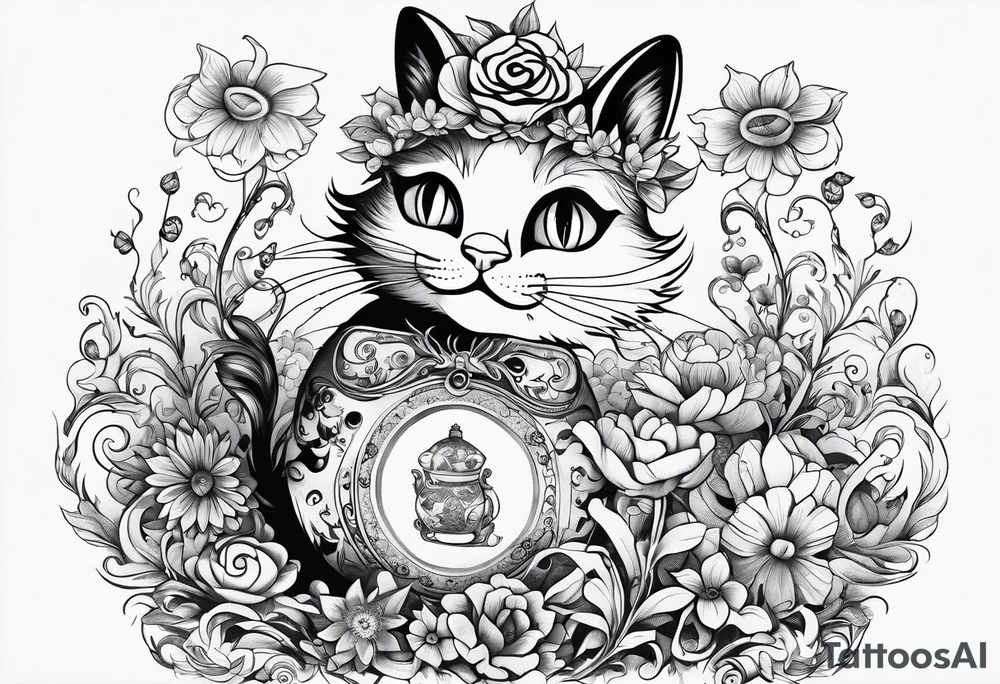 alice in wonderland dancing among magical flowers tim burton style cheshire cat tattoo idea