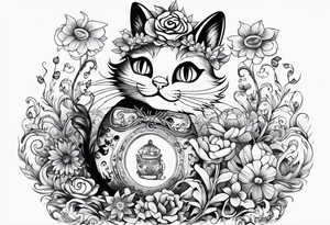alice in wonderland dancing among magical flowers tim burton style cheshire cat tattoo idea