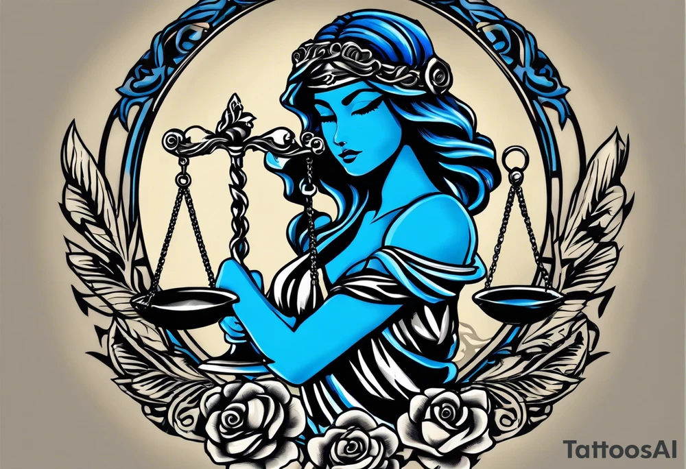 Lady Justice, 
Blindfold:
Scales: 
 Lady Justice is shown with black hair, which is a unique artistic choice compared to the more traditional representations. The scales, blindfold, and sword are all present, adhering to the classic iconography but with a modern and colorful twist. blue roses frames, background blue,present it in a tattoo tattoo idea