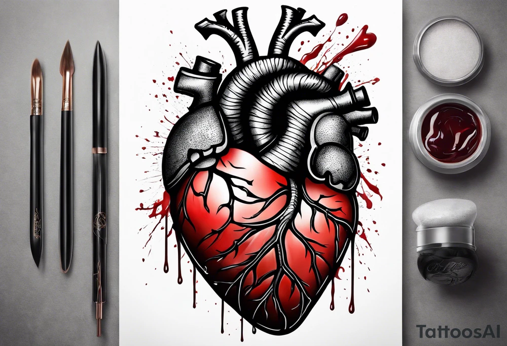 Anatomic heart with wire and blood on a sleeve tattoo idea