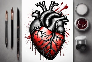 Anatomic heart with wire and blood on a sleeve tattoo idea