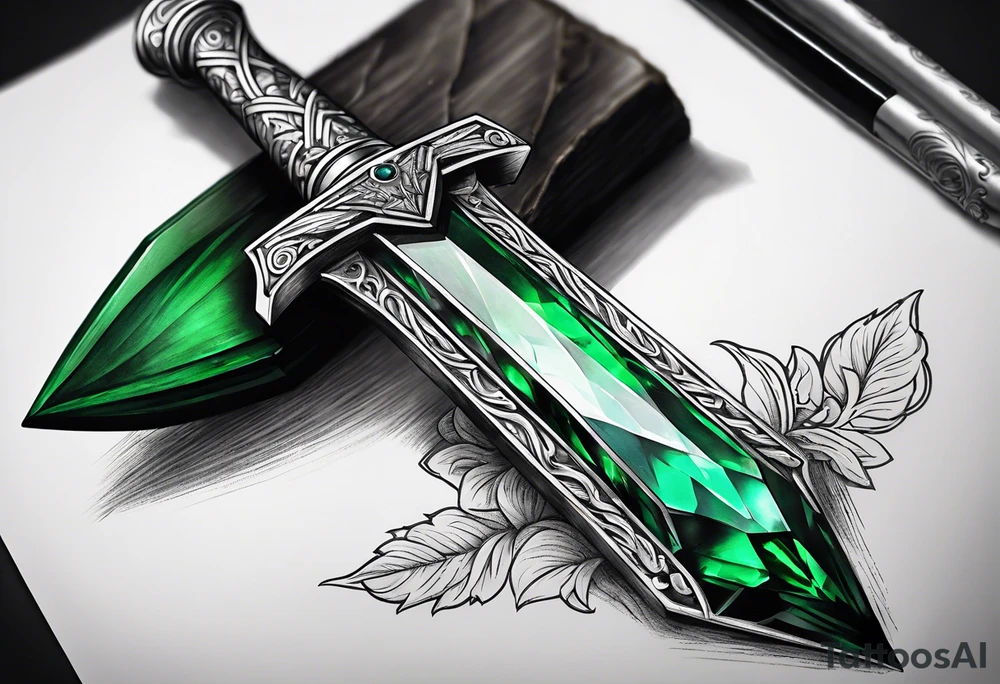 An athame dagger with the hilt turned upward and an emerald gemstone on the hilt not on the blade tattoo idea