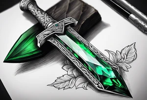 An athame dagger with the hilt turned upward and an emerald gemstone on the hilt not on the blade tattoo idea