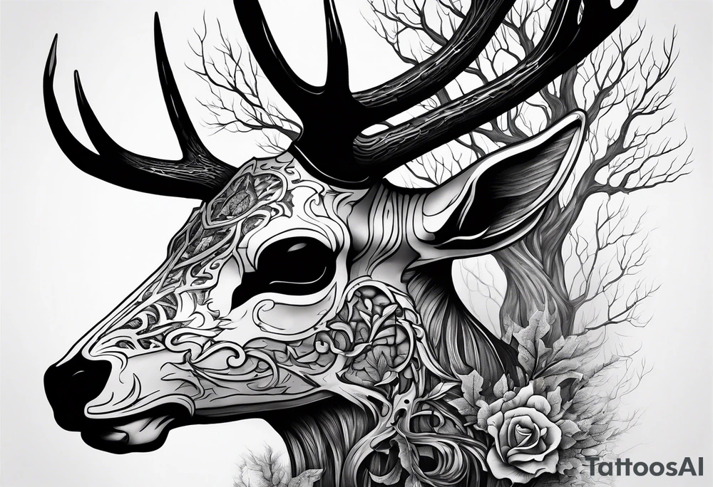 A side view of a decayed deer skull JUST BONE surrounded by trees and fire in background tattoo idea