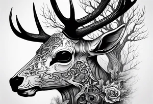 A side view of a decayed deer skull JUST BONE surrounded by trees and fire in background tattoo idea