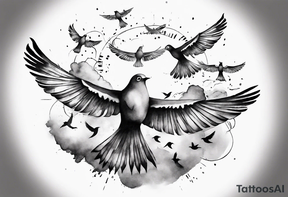 shoulder tattoo with light rays with birds flying free among the clouds, round shape, 3d effect tattoo idea