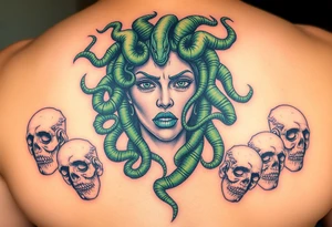 A detailed Medusa portrait with emerald-green serpents, her gaze hypnotic, surrounded by shattered stone faces of her victims tattoo idea