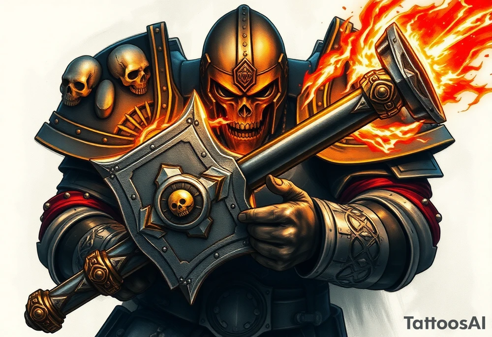 Warhammer, the Old World. A warrior priest of Sigmar holding The Warhammer of Sigmar. The Warhammer of Sigmar is radiating thunderous energy. The Warhammer is held by the warrior priest with both hands at the handle with a firm grip inorder to contain its unlimited energy, upon his chest level. The Warrior priest is wearing dark alloyed heavy armour (reference armor from warhammer vermintide 2 Victor Saltzpyres, the warrior priest of Sigmar class) with skull sigils on his shoulder pads. The warrior priest is wearing a helmet, while the helmets front visor has an humanoid face covering. The helmet and armour are gladened with hints of gold and crimson red. The Warhammer is silverish and golden with a long handle tattoo idea