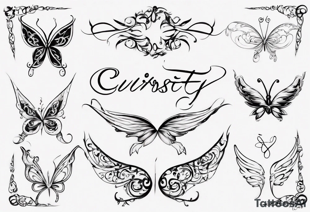 The word 'Curiosity' in cursive, with the 'Y' going into a simple outline of a fairy wing tattoo idea