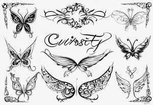 The word 'Curiosity' in cursive, with the 'Y' going into a simple outline of a fairy wing tattoo idea