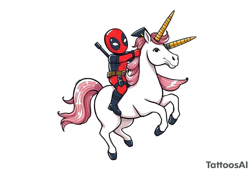 Deadpool riding a unicorn shooting Russian era rocket launcher tattoo idea