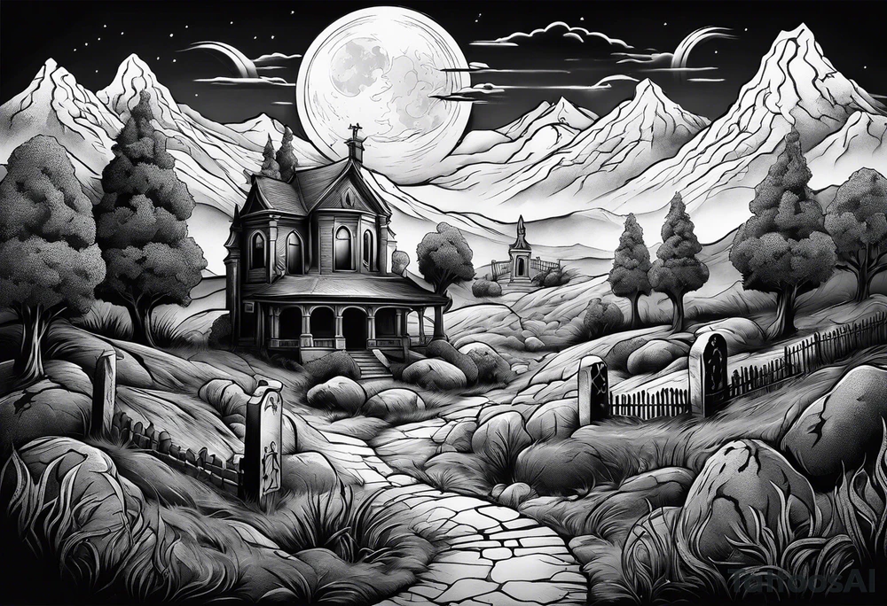 Graveyard with moon and smoke  on hills tattoo idea