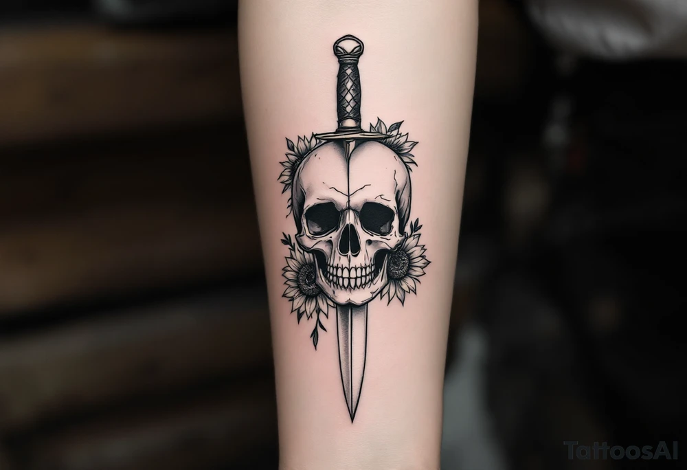 Skull, heart piercing a dagger with roses and sunflowers tattoo idea