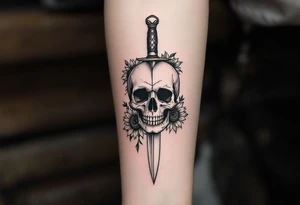 Skull, heart piercing a dagger with roses and sunflowers tattoo idea