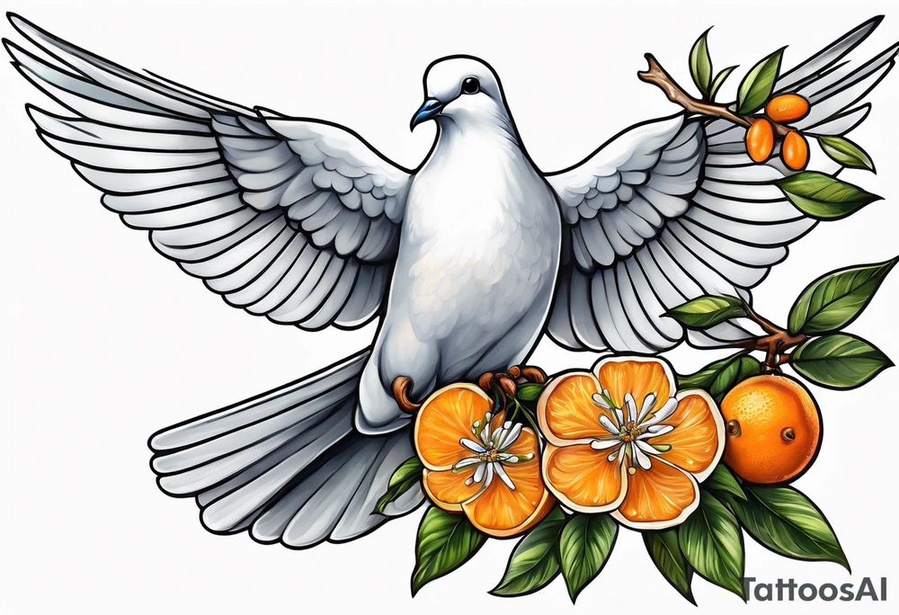 dove leaving on an orange blossom branch with its wings up tattoo idea