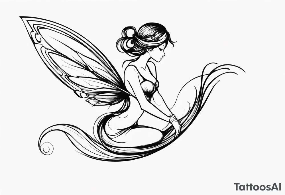 Minimalistic, monochromatic fairy with a tail flying to the left in a fetal position, leaning and looking in the same direction, with visible hands, embodying the 'Fairy Tail' logo aesthetic. tattoo idea