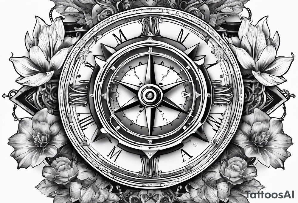 A Vintage compass and steampunk gears with gladiolus. tattoo idea