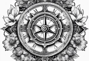 A Vintage compass and steampunk gears with gladiolus. tattoo idea