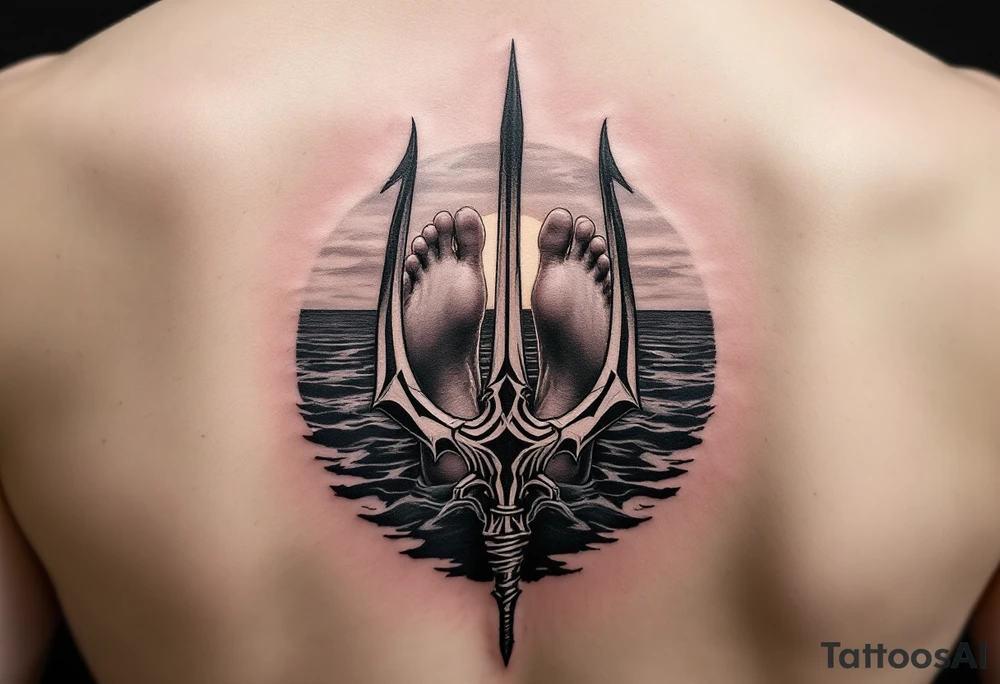 barefeet behind trident with water and sunset tattoo idea