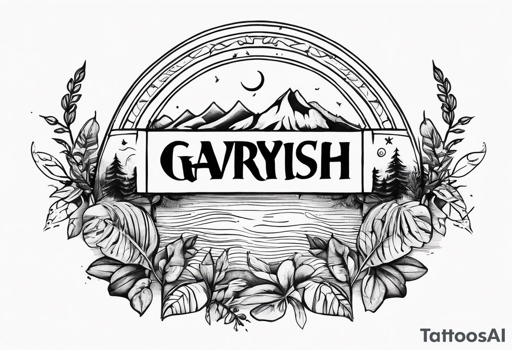 Sketch of tattoo inscription, in nature, above the stomach, under the chest, semicircle, Latin, in the style of letters, the word "GAVRYSH". tattoo idea