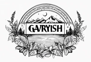 Sketch of tattoo inscription, in nature, above the stomach, under the chest, semicircle, Latin, in the style of letters, the word "GAVRYSH". tattoo idea