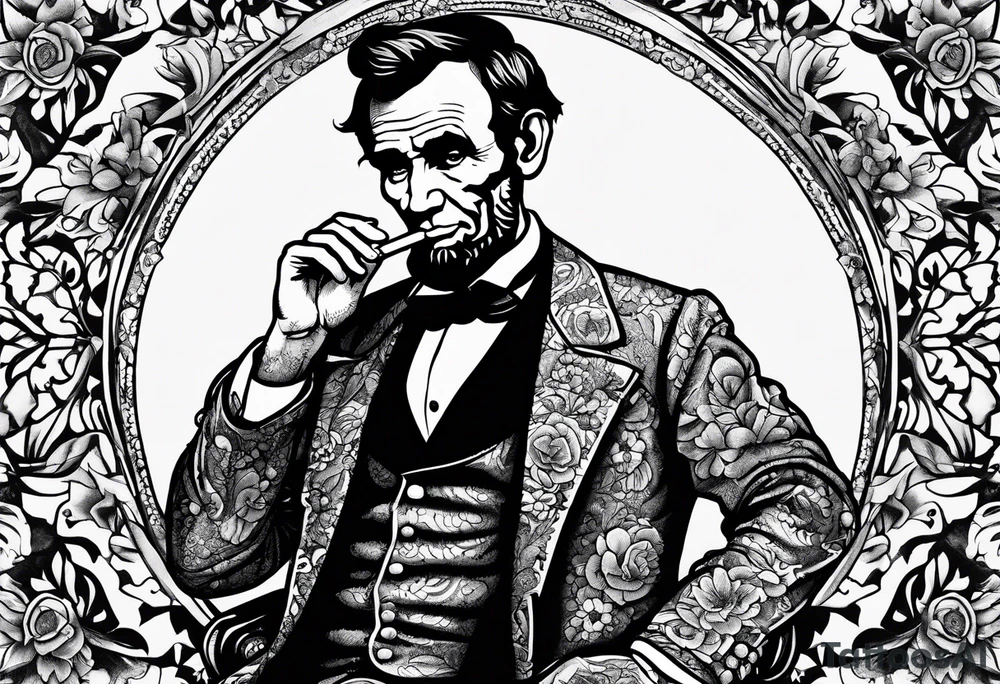 Abraham Lincoln smoking a cigar  in a flowered suit jacket doing karate tattoo idea