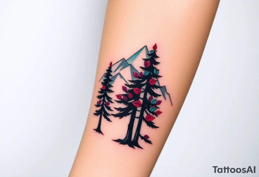 Lower forearm, trees with mountains in background, leaves on the trees are pink, purple, teal, red tattoo idea