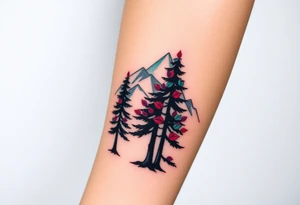 Lower forearm, trees with mountains in background, leaves on the trees are pink, purple, teal, red tattoo idea