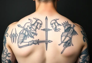 For a full back tattoo create the following battle seen- Viking vs Angus Kahn vs English knight vs Roman gladiator vs Japanese samurai tattoo idea