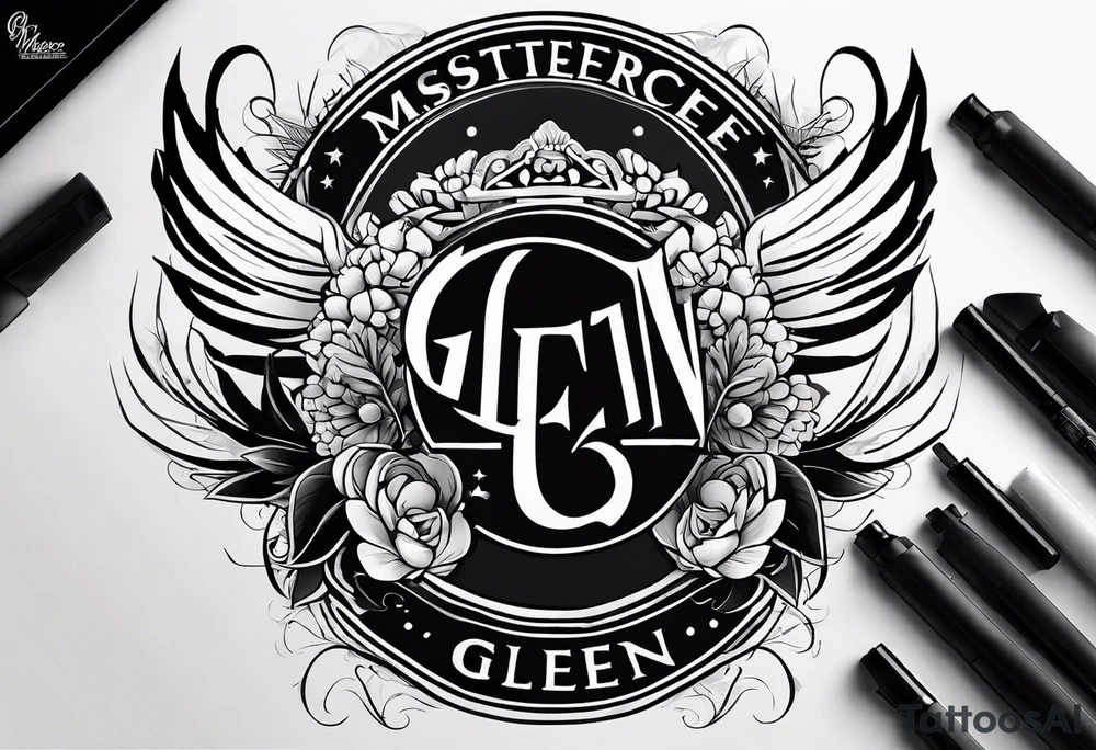 Simple tattoo with the word Glenn on a banner and angel wings tattoo idea