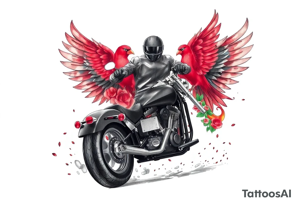 Harley grey motorcycle driving away, two red birds flying, roses, flames, angel wings tattoo idea