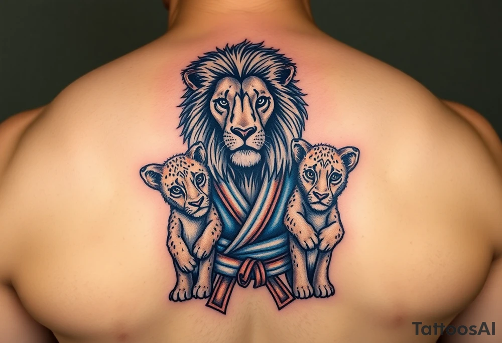 Lion wearing a Brazilian jiu jitsu gi as a person would along side his two cubs who are wearing the same attire. The surrounding area is the sarenghetti tattoo idea