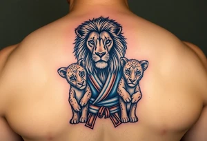 Lion wearing a Brazilian jiu jitsu gi as a person would along side his two cubs who are wearing the same attire. The surrounding area is the sarenghetti tattoo idea