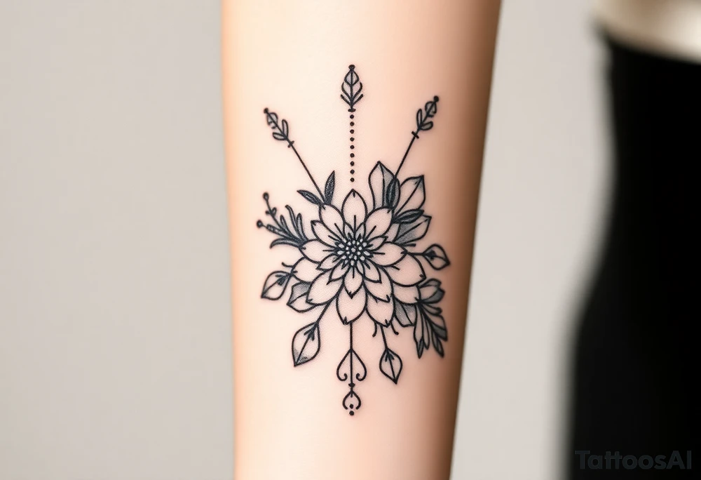 floral composition with japanese vibe, mutiple ornemental patern and leaf, dot geometric ornement tattoo idea