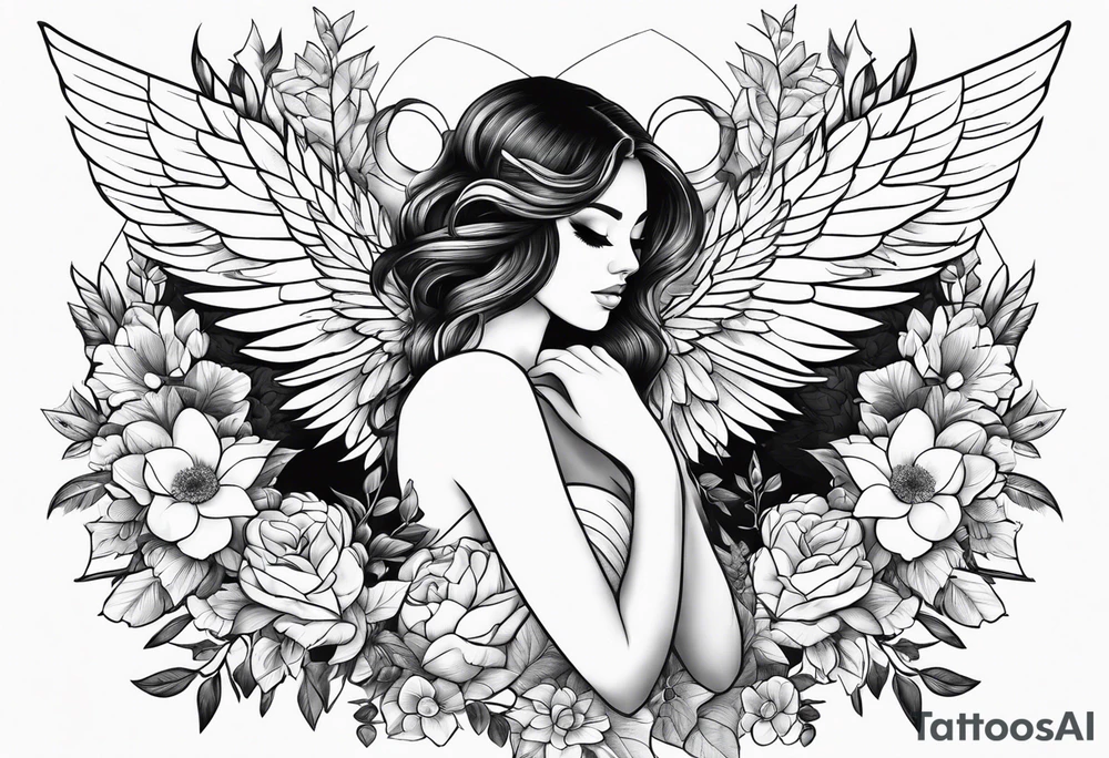 self love, flowers and wings tattoo idea
