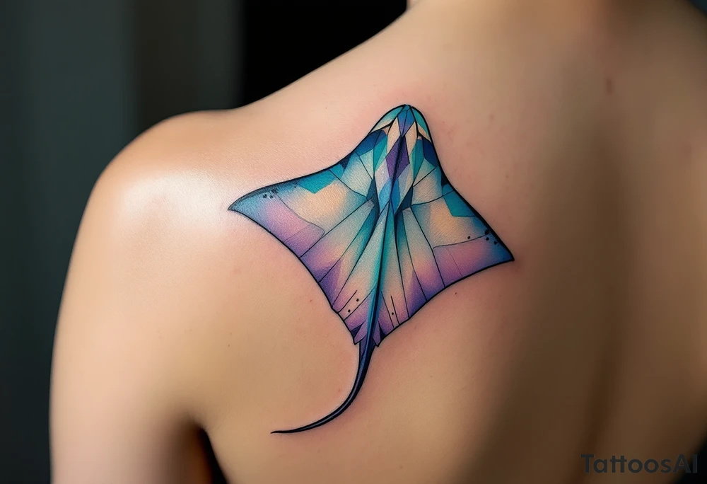 A graceful ray fish glides through deep turquoise waters, its diamond-shaped body shimmering in gradients of silvery blue and soft lavender, with delicate dark spots trailing along its gently undulating wings. tattoo idea