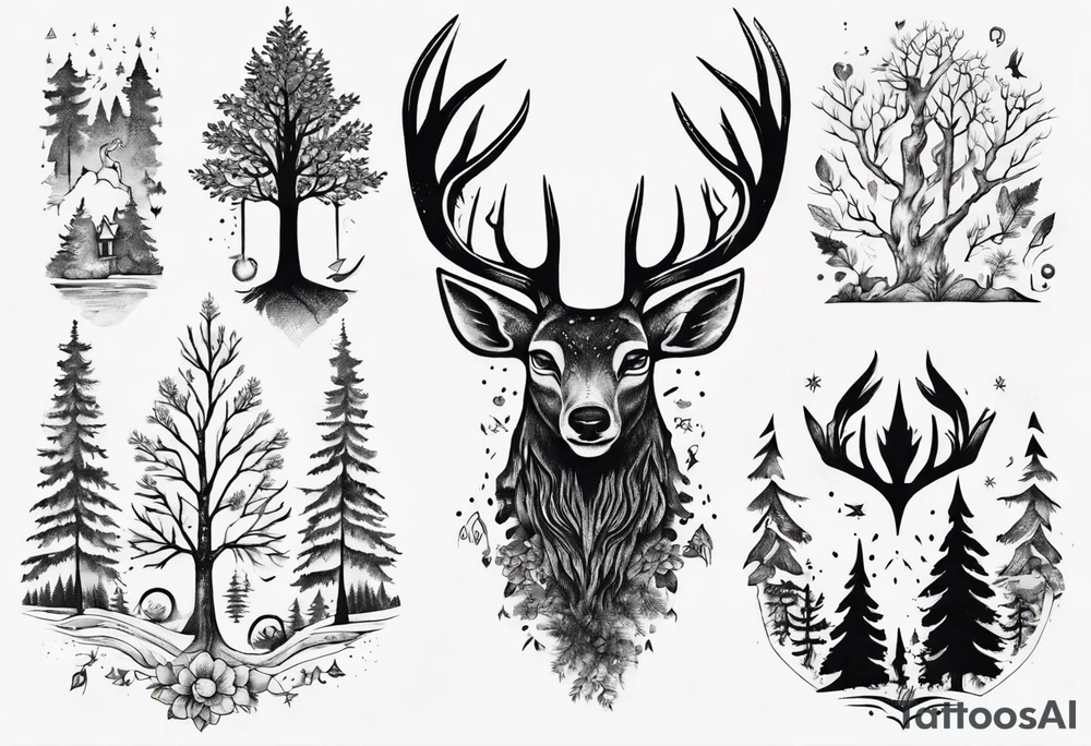 Full sholder, Nordic, forest,  presence, dear tattoo idea