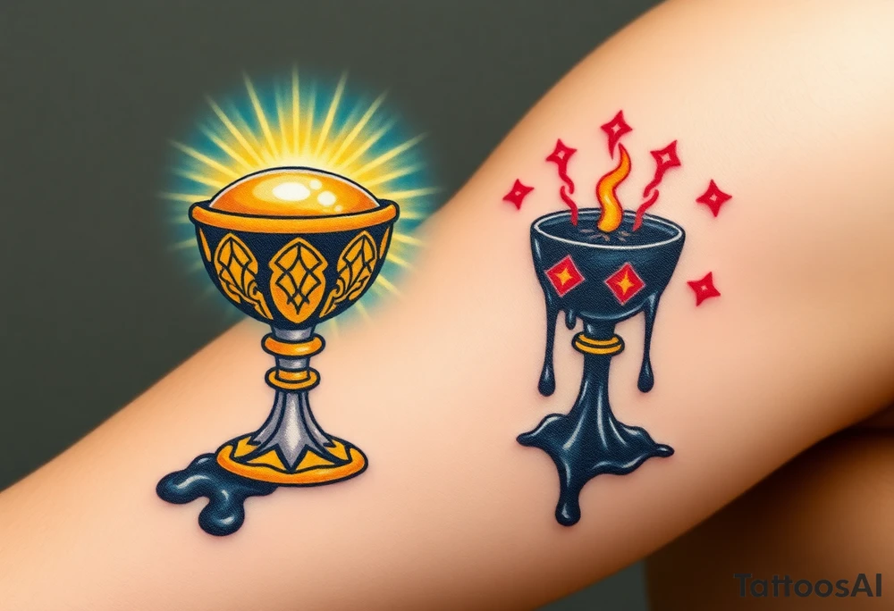A radiant, holy grail, glowing with soft blues and golds, surrounded by soft rays of light, opposed to a dark chalice, dripping black liquid, with red glowing symbols and a menacing aura, symbolizing a search for purity and a thirst for darkness. tattoo idea