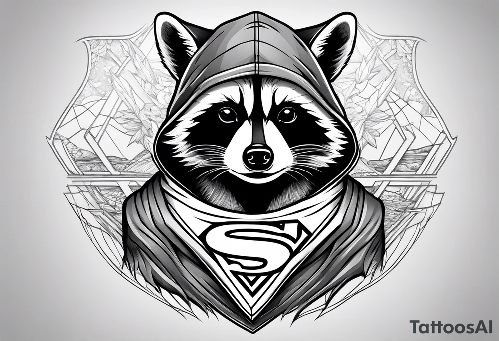 raccoon wearing a Superman hoodie tattoo idea