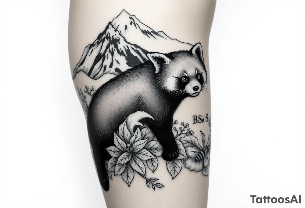 can you generate a Realistic black and grey tattoo design for a woman's left thigh, wrapping from the front to the outer thigh. Detailed red panda as the focal point, realistic fur, high contrast shading, mountains in the background, flowing waves, wild swimming elements, woodland leaves connecting the composition. Hidden initials B and S. Subtle references to magic, honey and bees, heroic symbolism, and music. Elegant feminine tattoo composition, professional tattoo flash artwork, black and grey realism, highly detailed. tattoo idea